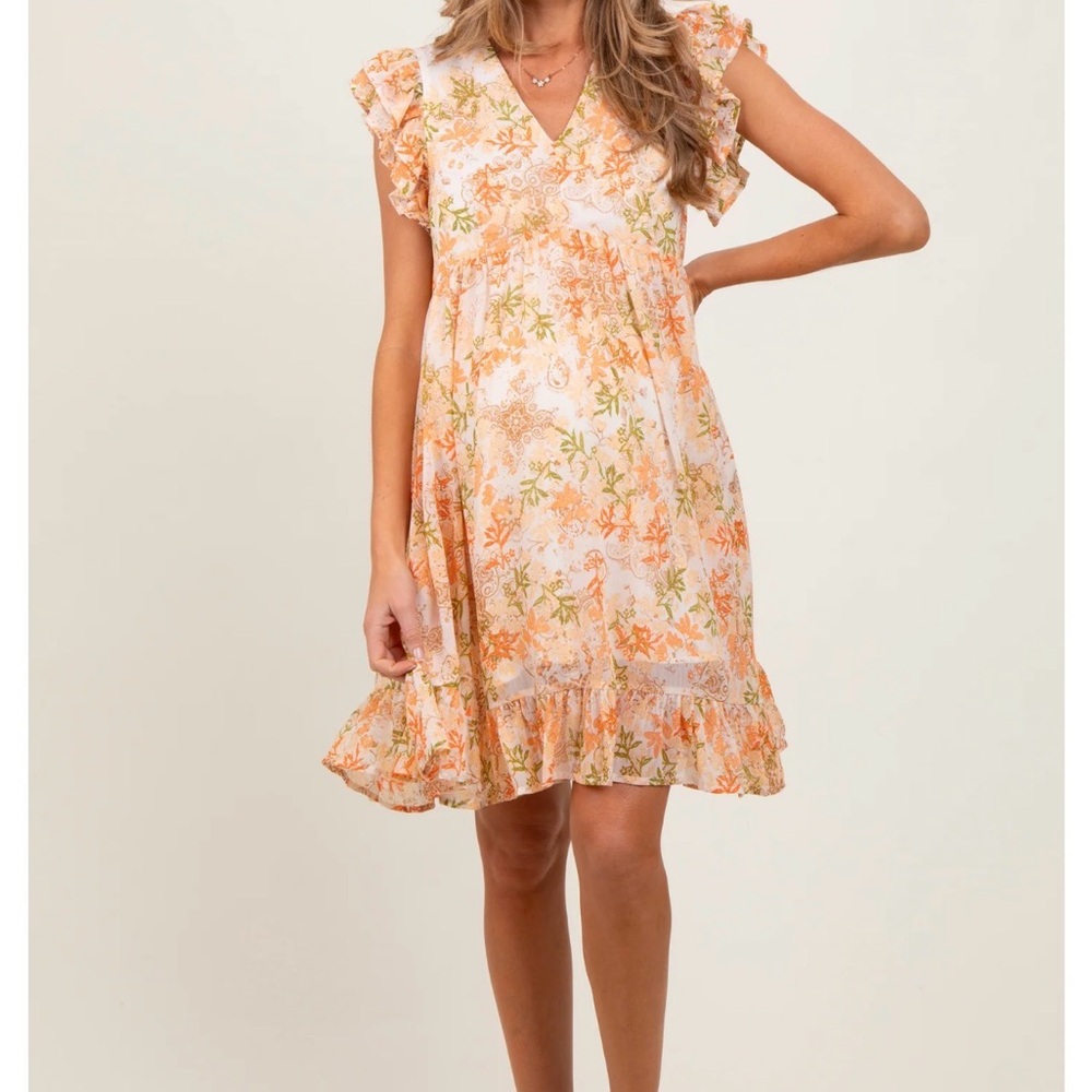 Maternity Floral Mini Dress - Orange and Cream